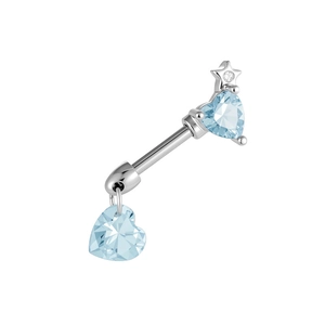 Silver barbell piercing with light blue heart zircon and star detail on white background