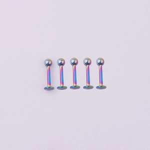 Set of five rainbow iridescent stainless steel labret studs with flat back and ball top