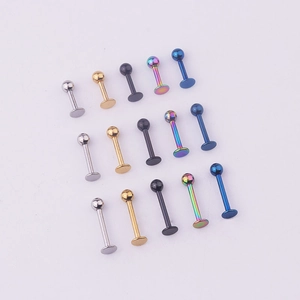 Set of 15 stainless steel labret studs in five colors and three different bar lengths
