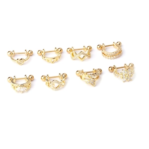 Lot de 8 piercings d'oreille 20G en acier doré avec zircons, motifs papillon et cœur