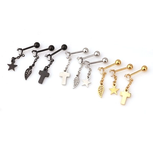 Set de boucles d'oreilles helix en acier avec pendentifs étoile, feuille, croix en or et argent