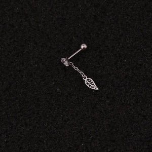 Vue détaillée d'un clou d'oreille en acier argenté avec pendentif feuille et zircon
