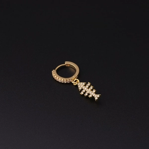 Detail of fishbone pendant earring in gold finish with micro-pave cubic zirconia crystals
