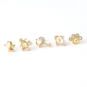 5-piece gold stainless steel moonstone stud earrings set featuring heart and cat paw designs