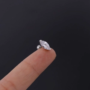Macro shot of 16G marquise-cut zircon cartilage stud with screw ball back closure