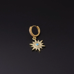 Detail of gold starburst earring with blue turquoise center and micro-paved zircons