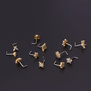 Golden stainless steel nose stud set with micro-inlaid zirconia in various geometric shapes