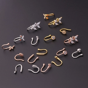 U-shaped non-piercing copper butterfly and clover nose ring set with cubic zirconia stones