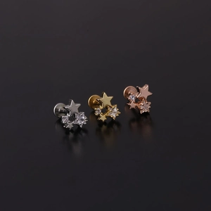 Set di tre borchie labret a forma di stella con micro-pavé di zirconi e retro piatto