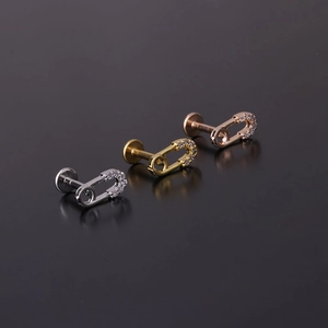Three-color safety pin earrings with cubic zirconia inlay and flat back labret studs