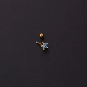 Mini floral 20G stainless steel screw back earring with blue zircon flower petals