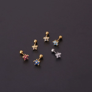 Mini flower stainless steel cartilage studs with screw ball back and colorful zirconia