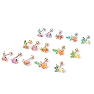 Fruit-themed stainless steel ear studs with colorful zircon stones in various gold finishes