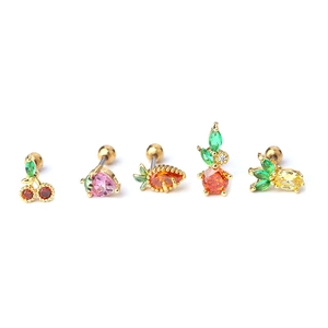 Golden stainless steel fruit earrings set with colorful zircon cherry and strawberry studs
