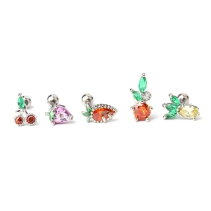 Five-piece stainless steel fruit stud earring set featuring colorful cubic zirconia stones