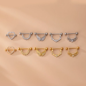 Set di 10 piercing per capezzoli in acciaio con zircone, disegni a cuore e ali oro e argento