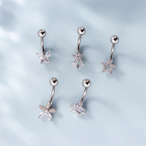 5-piece set of silver stainless steel belly rings with butterfly and heart zircon charms