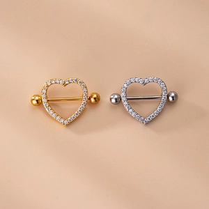 Coppia di piercing per capezzolo a cuore con zirconi in finiture oro e argento