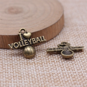 Vintage bronze I Love Volleyball sports pendant with embossed ball graphic and top ring