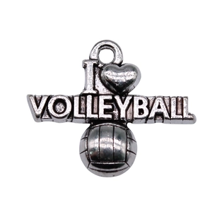 Silver sports pendant featuring I Love Volleyball text and 3D volleyball ball icon