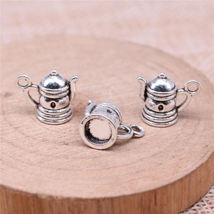 Vintage silver 3D teapot charms for DIY jewelry making on natural wood slice base