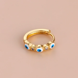 Böhmische vergoldete Creolen mit Evil Eye Emaille Anhängern und weißen Zirkonia Steinen