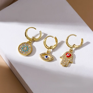 Pendientes dorados de mano de Fátima y ojo turco con circonitas brillantes para mujer
