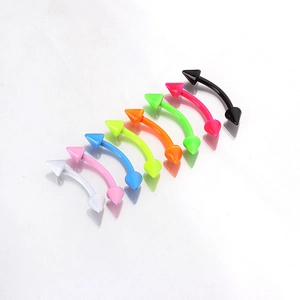 Detailed set of eight colorful neon curved barbell jewelry with cone ends on white surface