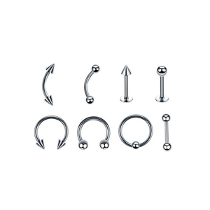 Set of 8 minimalist stainless steel body piercing jewelry including labret and nose rings
