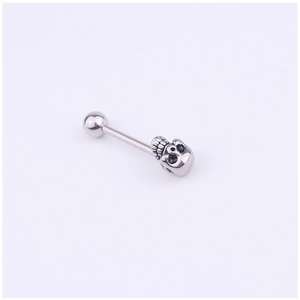 Piercing de langue en acier inoxydable argenté avec boule polie et tête de mort gravée