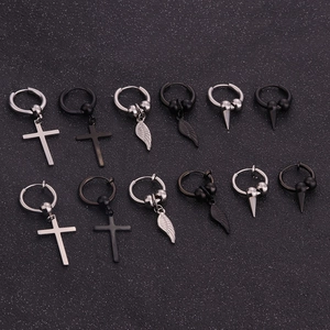 Punk Stainless Steel Cross Feather Spike Pendant Hoop Earrings Unisex Gothic Non Pierced Ear Clips Fashion Jewelry