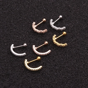 Curved stainless steel stud earrings set with sparkling cubic zirconia in three metal colors