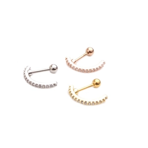 Three-color curved stainless steel stud earrings with paved zircons and screw backs