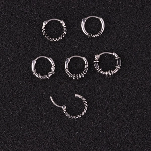 Set of 6 vintage silver stainless steel piercing hoops with textured twist and bead designs