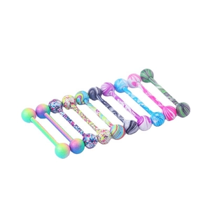 Set of 11 colorful stainless steel tongue rings with marble and rainbow lacquer finish