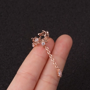 Σκουλαρίκι ear cuff φύλλο σε ροζ χρυσό με ζιργκόν και λεπτή κρεμαστή αλυσίδα