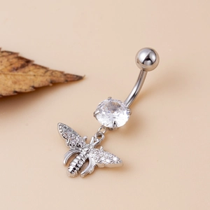 Polished stainless steel navel ring featuring a sparkling bee pendant with clear zircons