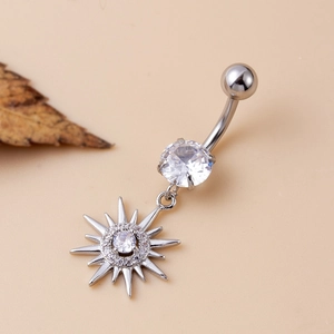 Silver stainless steel belly button ring with sunburst pendant and sparkling zircon stones