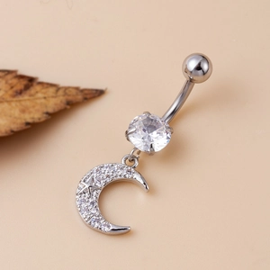 Polished stainless steel belly ring with micro-pave zircon crescent moon and star pendant
