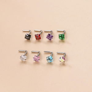 Set de 8 piercings de nariz en L de acero inoxidable con circonitas cuadradas de colores