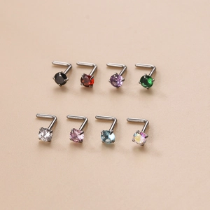 Set detallado de 8 piercings de nariz en L de acero inoxidable con circonitas de colores
