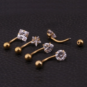 Five-piece gold stainless steel belly ring set with heart and star-shaped zircon stones