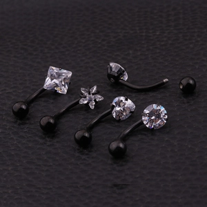 5pcs black stainless steel belly rings set with clear heart star square cz stones