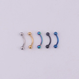 Five-piece set of curved 316L stainless steel eyebrow rings in silver, gold, and multi-color