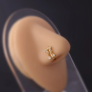 Gold micro-paved zircon non-pierced nose ring with elegant flower and teardrop pendants