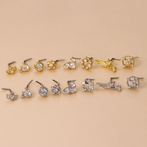 Piercings de nez en forme de L en acier avec pendentifs cœur et fleur en or et argent