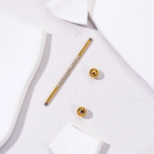 Gold stainless steel industrial barbell piercing with clear zircon stone row for ear