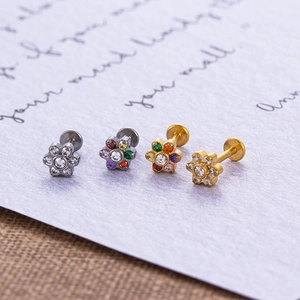 Floral stainless steel piercing studs with colorful cubic zirconia in gold and silver