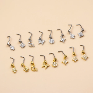 16-piece set of L-shaped surgical steel nose studs with cubic zirconia charms in gold and silver