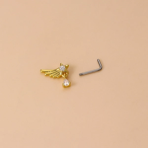 Piercing de nez étoile et goutte en zircon doré avec tige en acier inoxydable en L